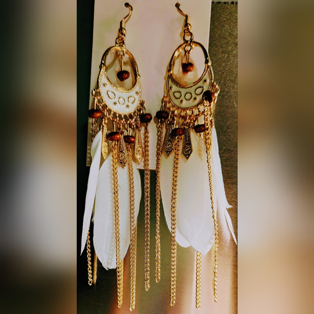 Boho style gold beaded and white feather earrings